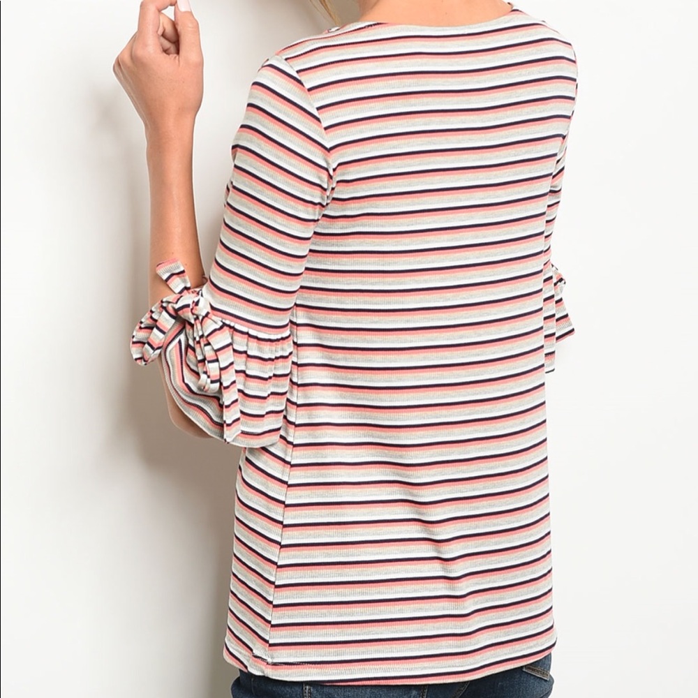 Striped Short Bell Tie Sleeve Top - Picture 7 of 7
